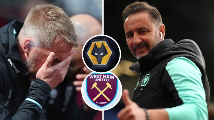 West Ham head coach Graham Potter looks dejected and Wolves boss Vitor Pereira gives the thumbs up. Inset, West Ham and Wolves badges