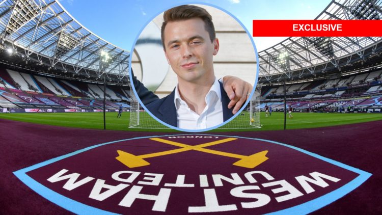 Inside West Ham's London Stadium. Inset, Hammers boss Graham Potter, majority owner David Sullivan and head of recruitment Kyle Macaulay.