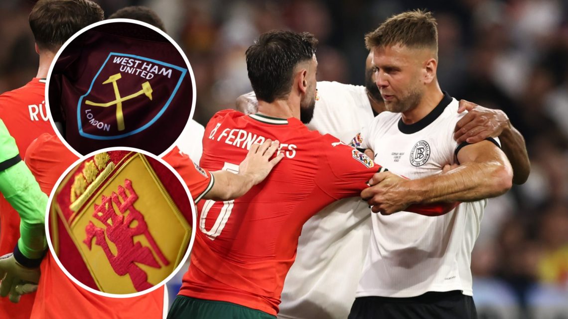West Ham star Niclas Fullkrug clashes with Manchester United captain Bruno Fernandes. Inset, Hammers and Man United badges