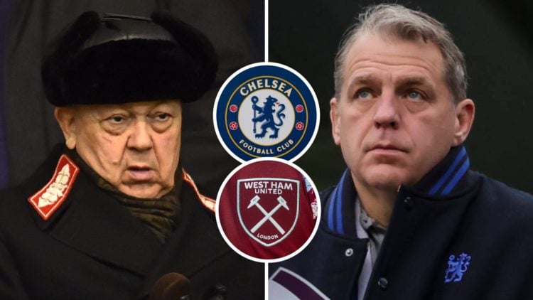 West Ham chief David Sullivan and Chelsea co-owner Todd Boehly. Inset, West Ham and Chelsea badges