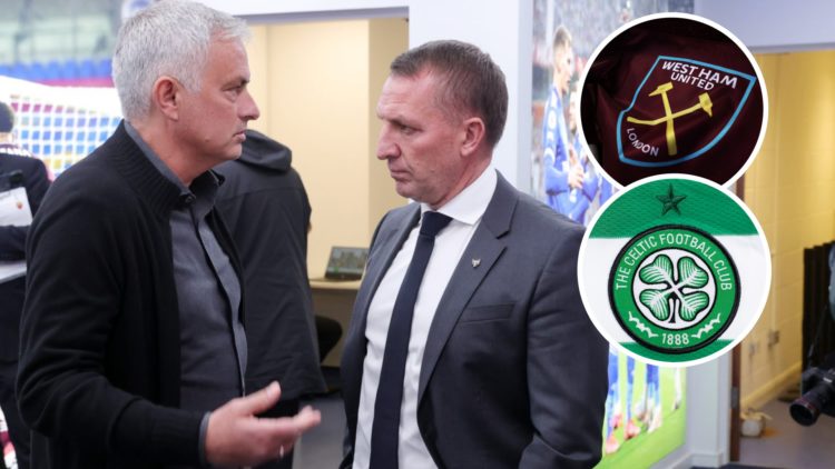 Fenerbahce boss Jose Mourinho with Celtic manager Brendan Rodgers. Inset, West Ham and Celtic crests