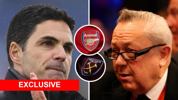 Arsenal boss Mikel Arteta and West Ham chief David Sullivan. Inset, West Ham and Arsenal badges