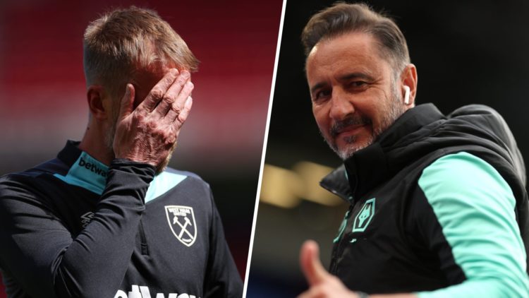 West Ham head coach Graham Potter looks dejected while Wolves boss Vítor Pereira gives the thumbs up