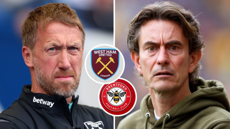 West Ham head coach Graham Potter and Brentford boss Thomas Frank. Inset, West Ham and Brentford badges