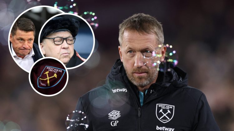 West Ham head coach Graham Potter. Inset, Hammers legend Tony Cottee and co-owner David Sullivan.
