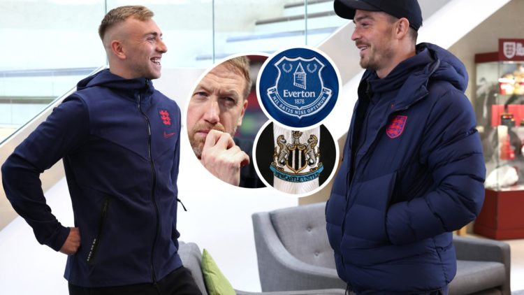 Man City outcast Jack Grealish chats with West Ham captain Jarrod Bowen. Inset, Hammers head coach Graham Potter and the Newcastle and Everton badges