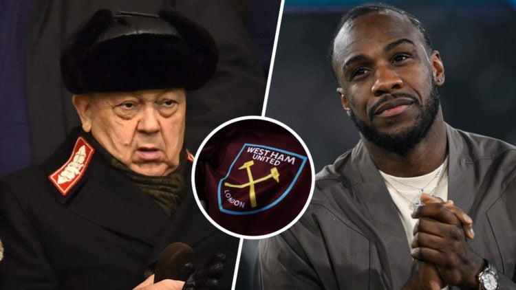 West Ham chief David Sullivan and long-serving striker Michail Antonio. Inset, the West Ham badge