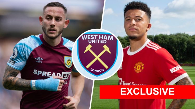 Burnley midfielder Josh Brownhill and Man United winger Jadon Sancho. Inset, West Ham badge.