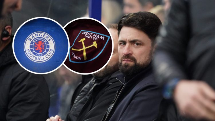 Rangers manager Russell Martin. Inset, West Ham and Rangers crests.