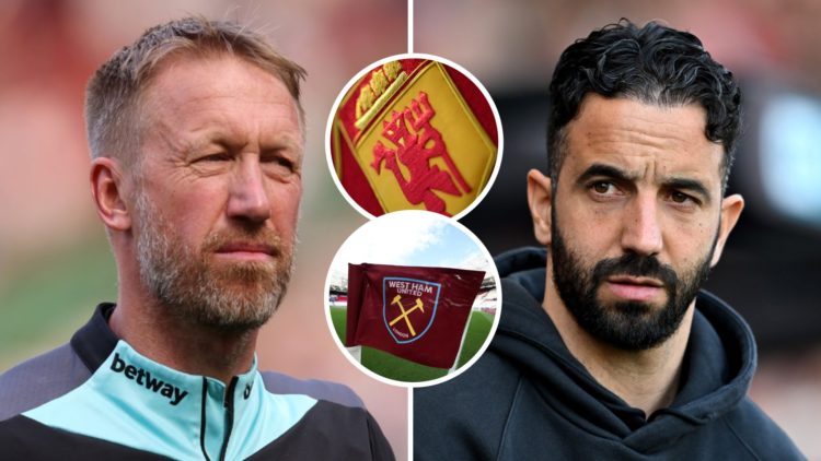 West Ham head coach Graham Potter and Man United boss Ruben Amorim. Inset, Man United and West Ham crests