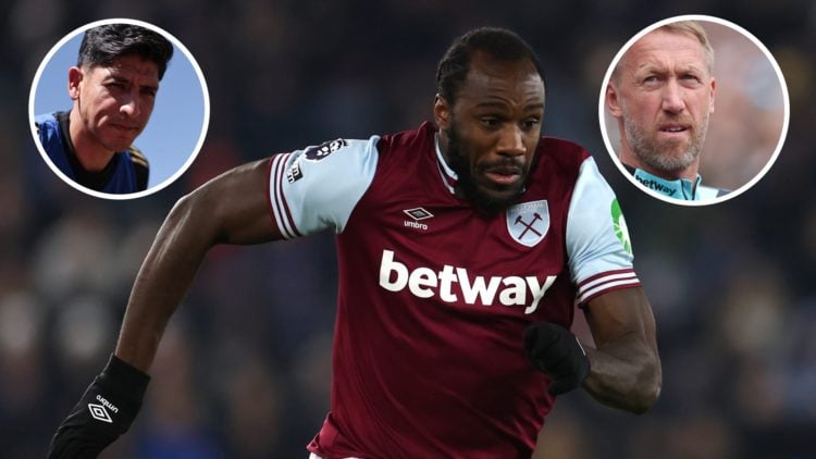 West Ham striker Michail Antonio. Inset, Hammers midfielder Edson Alvarez and head coach Graham Potter