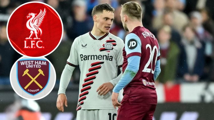 Florian Wirtz clashes with Jarrod Bowen when West Ham played Bayer Leverkusen in the Europa League. Inset, Liverpool and West Ham badges