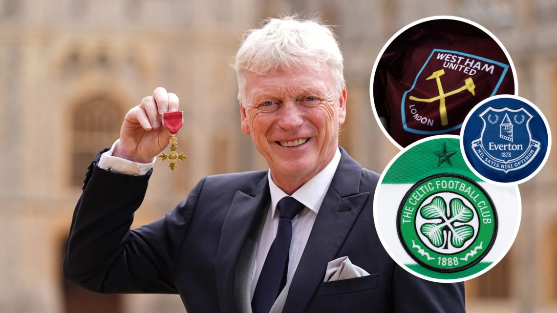 Everton boss David Moyes receives his OBE. Inset, West Ham, Celtic and Everton crests