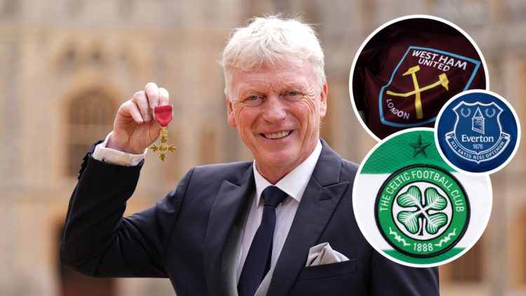 Everton boss David Moyes receives his OBE. Inset, West Ham, Celtic and Everton crests