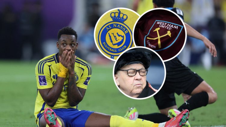 Jhon Duran struggling at Al Nassr. Inset, West Ham chief David Sullivan and the club badges