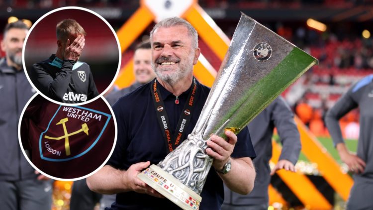 Ange Postecoglou lifts the Europa League trophy before being sacked by Spurs. Inset, dejected West Ham head coach Graham Potter and the Hammers badge.