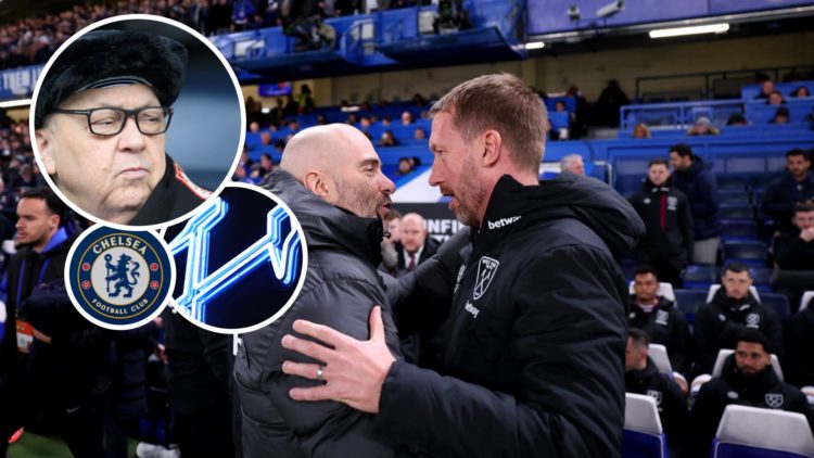Chelsea manager Enzo Maresca embraces West Ham head coach Graham Potter. Inset, Hammers chief David Sullivan and the club badges