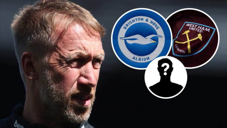 West Ham head coach Graham Potter. Inset, the Brighton and Hammers crests