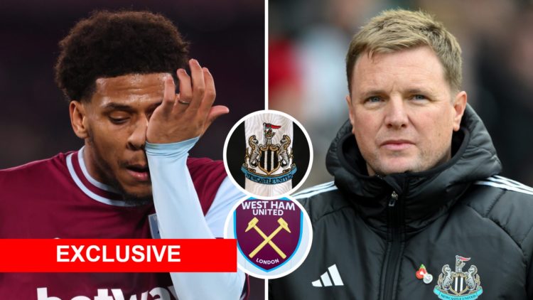 West Ham defender Jean-Clair Todibo looks dejected and Newcastle boss Eddie Howe. Inset, West Ham and Newcastle badges