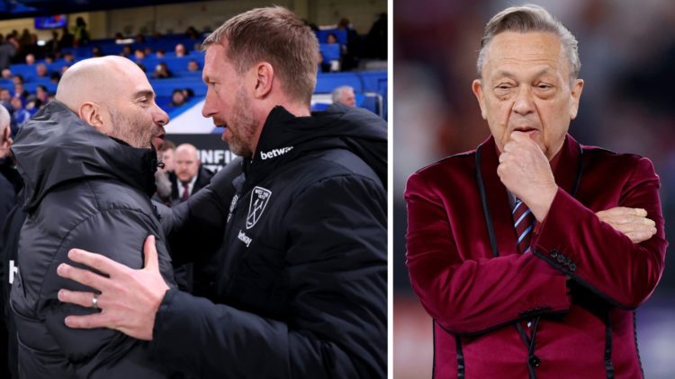 Chelsea manager Enzo Maresca embraces West Ham boss Graham Potter and Hammers chief David Sullivan