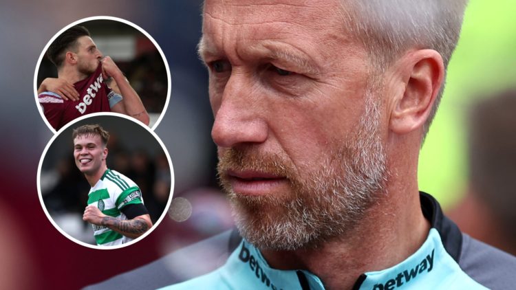 West Ham head coach Graham Potter. Inset, ex Hammers captain Declan Rice kissing the badge and Celtic striker Daniel Cummings
