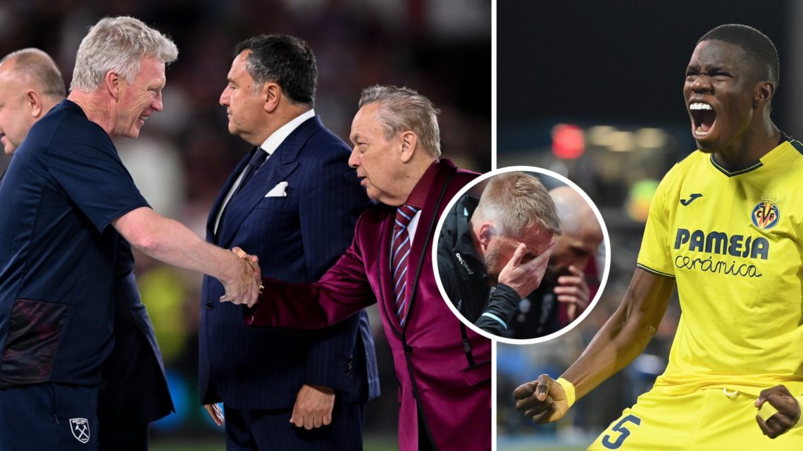 David Moyes shakes hands with West Ham chief David Sullivan and Villarreal striker Thierno Barry. Inset, Hammers boss Graham Potter
