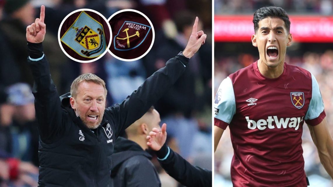 West Ham head coach Graham Potter and defender Nayef Aguerd both celebrate. Inset, the West Ham and Burnley crests