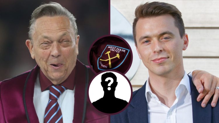 West Ham chief David Sullivan and head of recruitment Kyle Macaulay. Inset, the Hammers crest