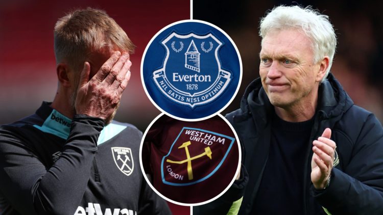 West Ham head coach Graham Potter looks dejected while Everton boss David Moyes celebrates. Inset, the Hammers and Toffees' crests