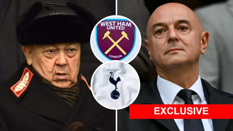West Ham chief David Sullivan and Spurs chairman Daniel Levy. Inset, Hammers and Tottenham badges.