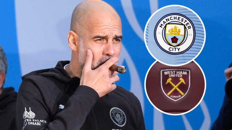 Pep Guardiola smokes a celebratory cigar. Inset, West Ham and Man City badges