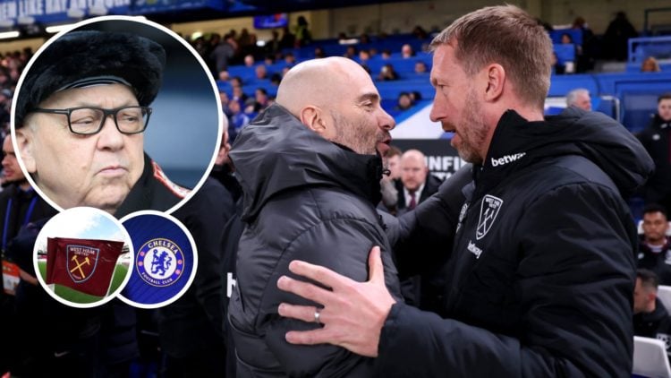 Chelsea boss Enzo Maresca with West Ham head coach Graham Potter. Inset, Hammers chief David Sullivan and the club badges.