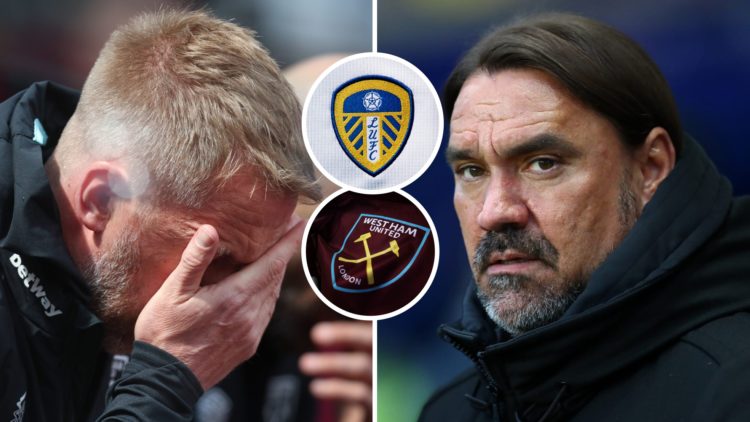 West Ham head coach Graham Potter and Leeds boss Daniel Farke. Inset, the club badges