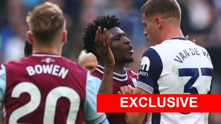 West Ham star Mohammed Kudus is sent off against Spurs.