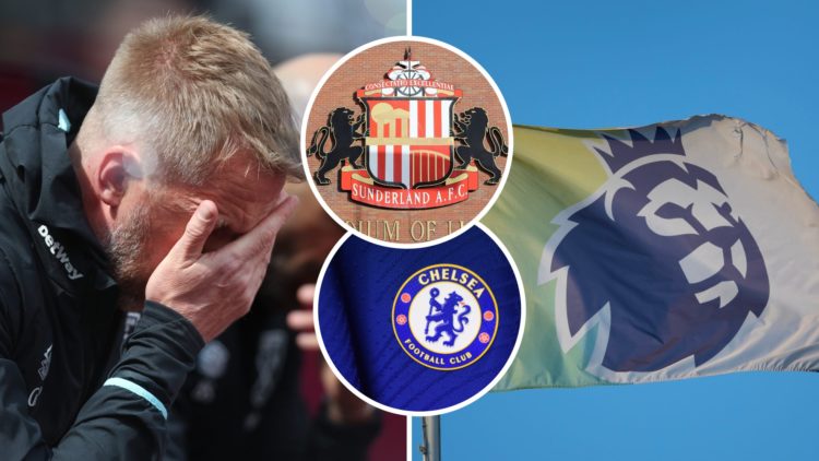 West Ham head coach Graham Potter and the Premier League flag. Inset, Sunderland and Chelsea crests
