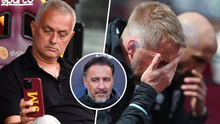 Jose Mourinho on the phone and a dejected West Ham head coach Graham Potter. Inset, Wolves boss Vitor Pereira