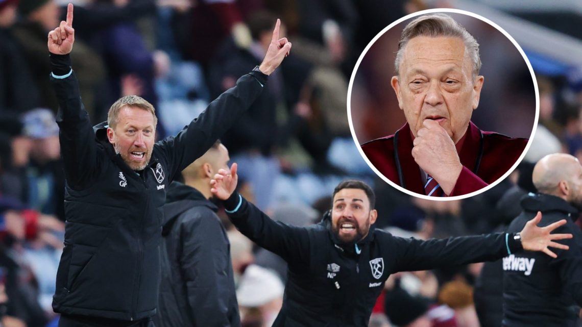 West Ham head coach Graham Potter celebrates. Inset, Hammers chief David Sullivan