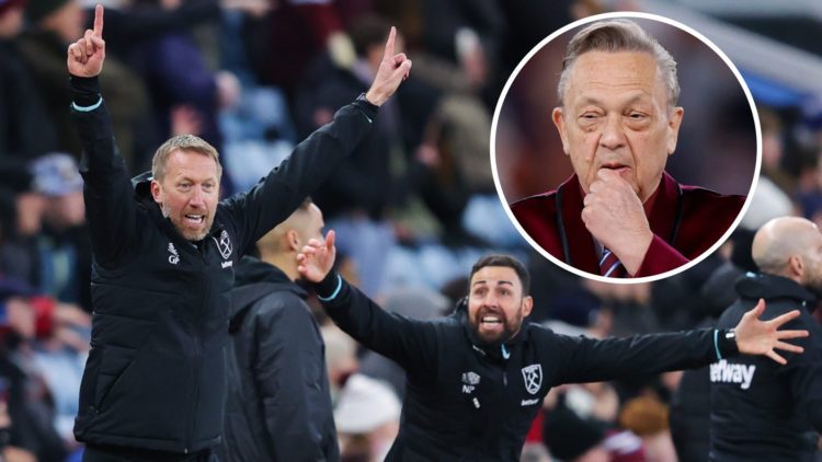 West Ham head coach Graham Potter celebrates. Inset, Hammers chief David Sullivan