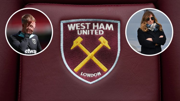 West Ham crest in dugout seat. Inset, Hammers head coach Graham Potter and vice-chair Karren Brady