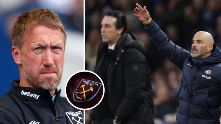 West Ham head coach Graham Potter and Aston Villa manager Unai Emery on the touchline with Chelsea boss Enzo Maresca. Inset, the Hammers crest