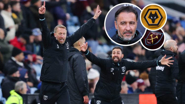 West Ham head coach Graham Potter celebrates. Inset, Wolves boss Vitor Pereira