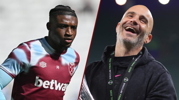 Split image showing West Ham winger Mohammed Kudus and Chelsea coach Enzo Maresca