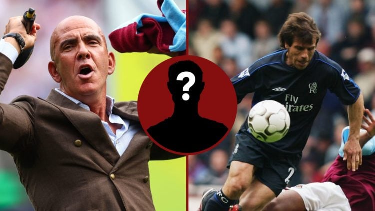 Split image showing West Ham legend Paolo di Canio and Gianfranco Zola in action for Chelsea