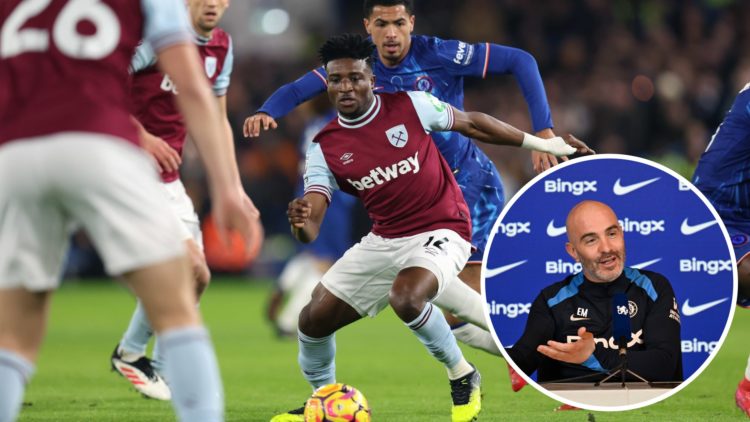 West Ham star Mohammed Kudus in action against Chelsea. Inset, Blues boss Enzo Maresca