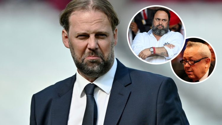 Former West Ham technical director Tim Steidten. Inset, Nottingham Forest chief Evangelos Marinakis and Hammers majority owner David Sullivan