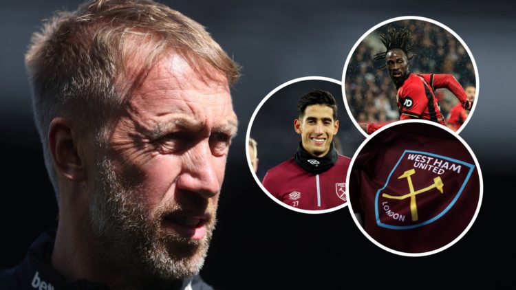 West Ham boss Graham Potter. Inset, defender Nayef Aguerd, Nice forward Evann Guessand and the Hammers flag.