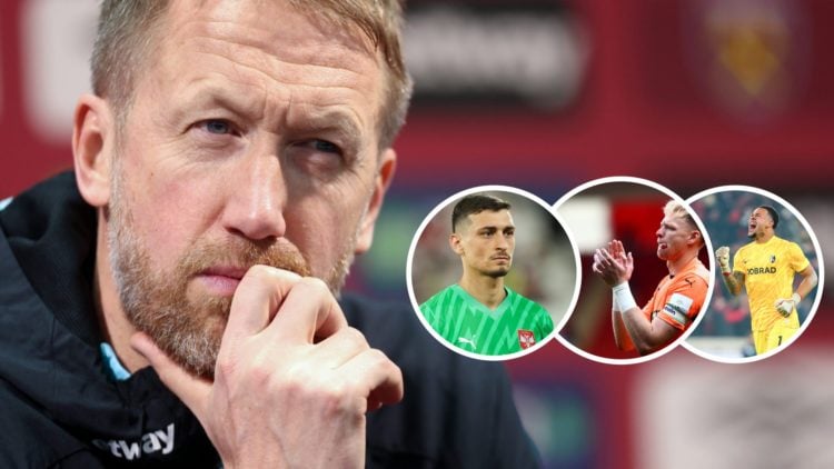 West Ham head coach Graham Potter deep in thought. Inset, Chelsea goalkeeper Djorde Petrovic, Southampton's Aaron Ramsdale and Freiburg's Noah Atubolu