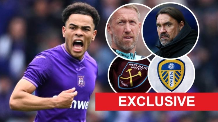 Anderlecht star Mario Stroeykens. Inset, West Ham head coach Graham Potter and Leeds boss Daniel Farke with the club crests