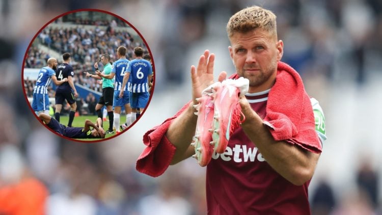 Main image, West Ham United's Niclas Fullkrug applauds the fans at the final whistle during the Premier League match between West Ham United FC and...