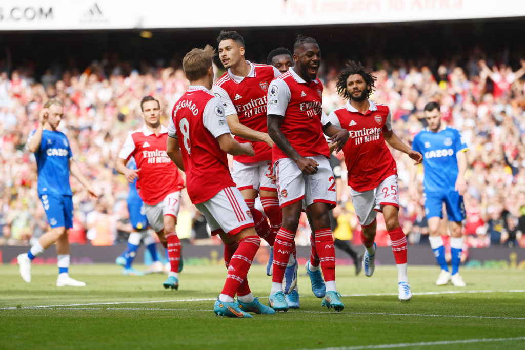 Nuno Tavares, Martin Odegaard and Gabriel Martinelli celebrate during Arsenal v Everton - Premier League